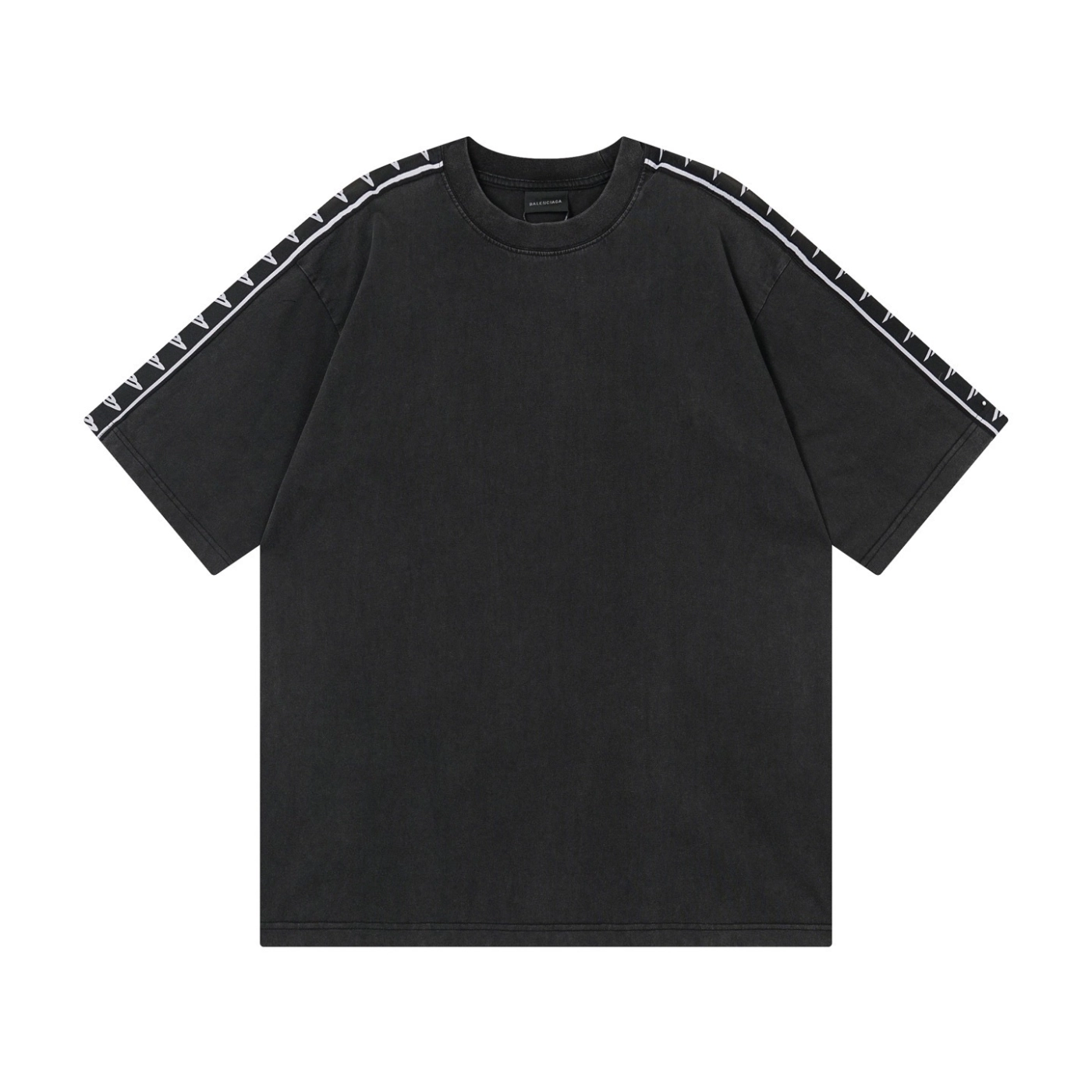 Balenciaga Washed & Distressed T-Shirt With 3B Artistic Webbing Accents Sleeves Black/Grey