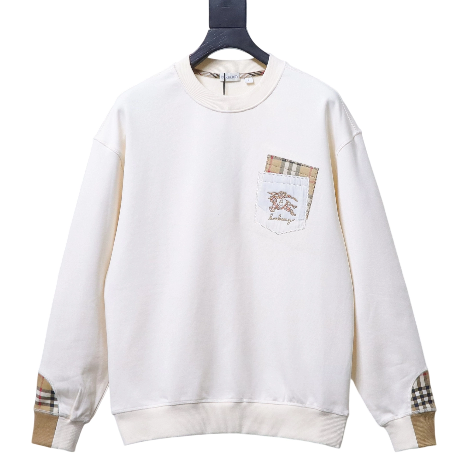 Burberry Check-Pocket Crewneck Sweatshirt White
