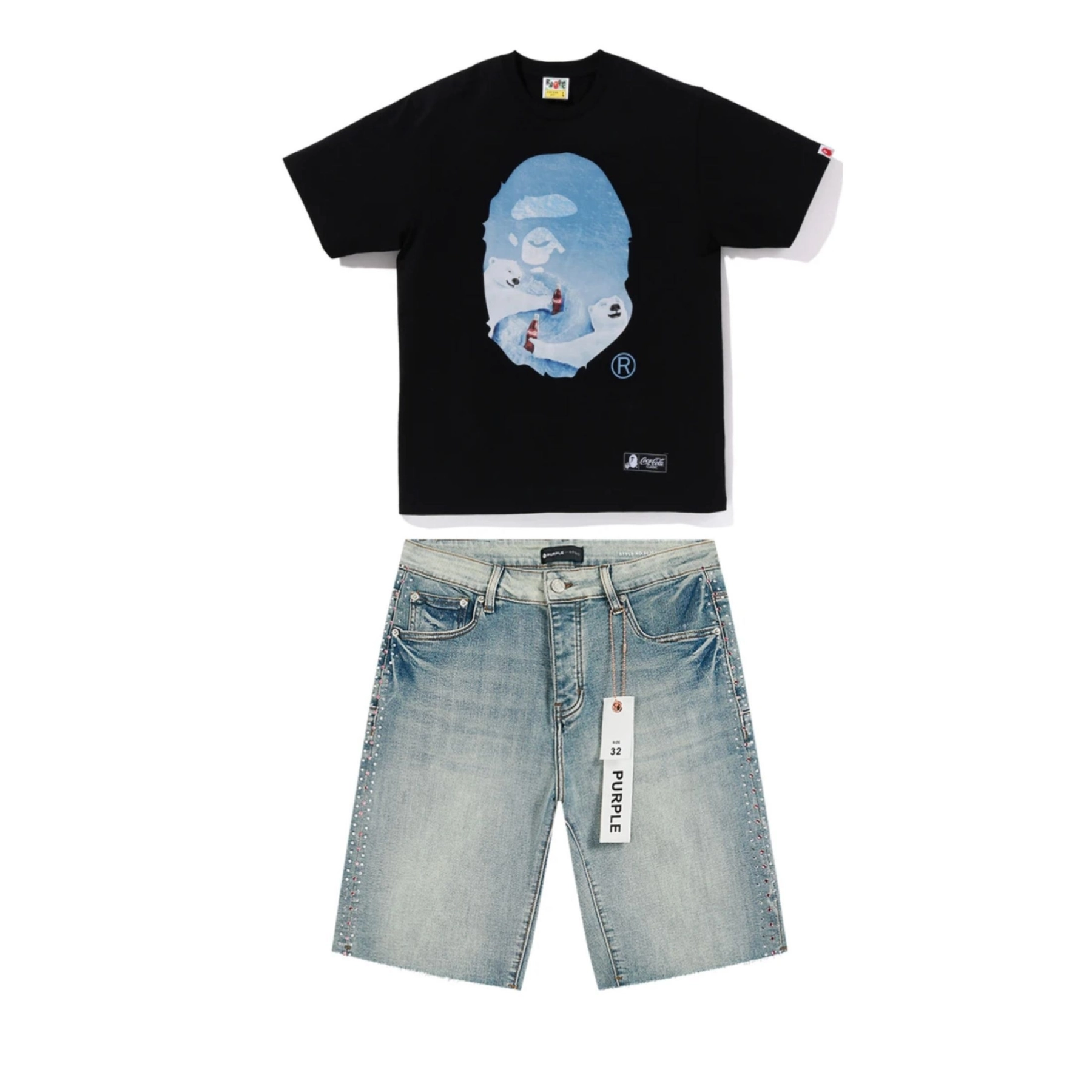 Purple Brand Jeans Denim Shorts PU513# + BAPE X Coca-Cola T-Shirt 724#