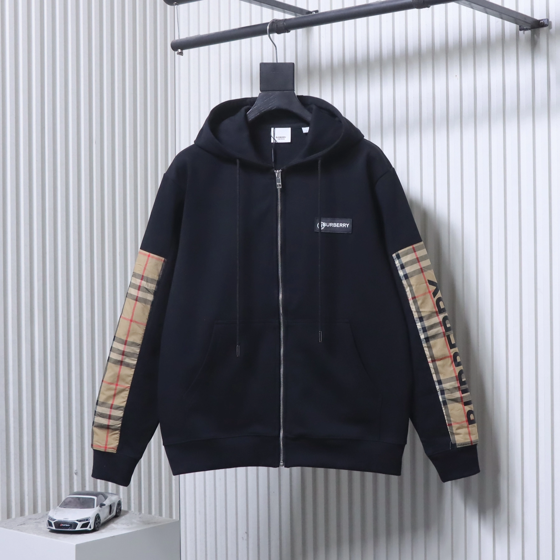 Burberry Zip-Up Hooded Jacket Side Check Print Panel Detai Black