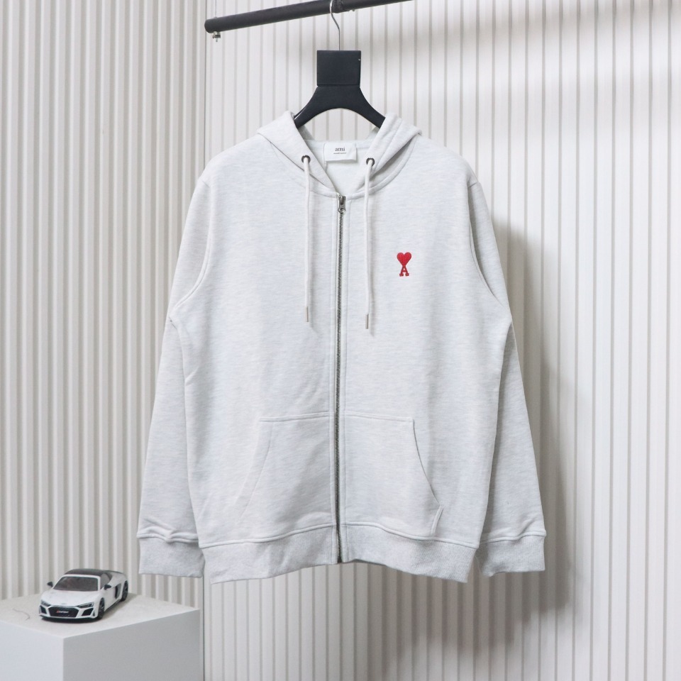 AMI Paris Ami de Coeur Cotton Zip Hoodie Grey