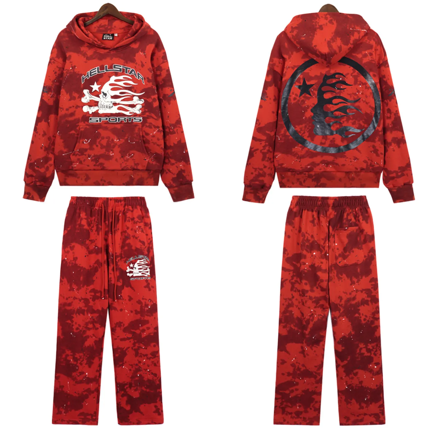 Hellstar Sports Tie-Dye Skull Hoodie + Sweatpants Set Red