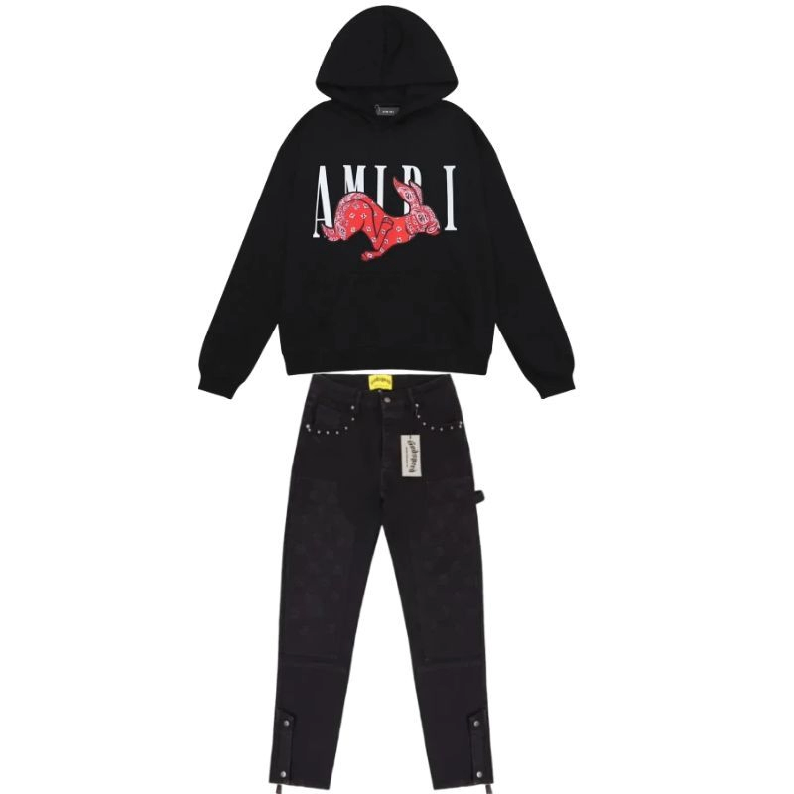AMIRI Cny Rabbit Logo Hoodie Black+Godspeed Embroidered Multi-Pocket Jeans Black